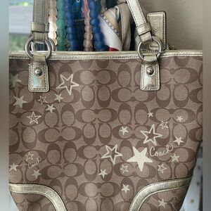 Coach Signature Brown Tote with Gold Accents
